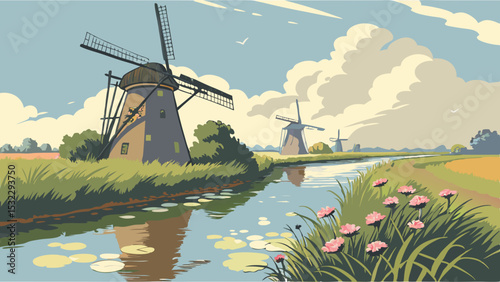 Scenic Dutch Windmills Landscape with Canal and Flowers