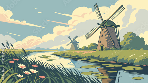 Scenic Dutch Windmills Landscape with River and Flowers