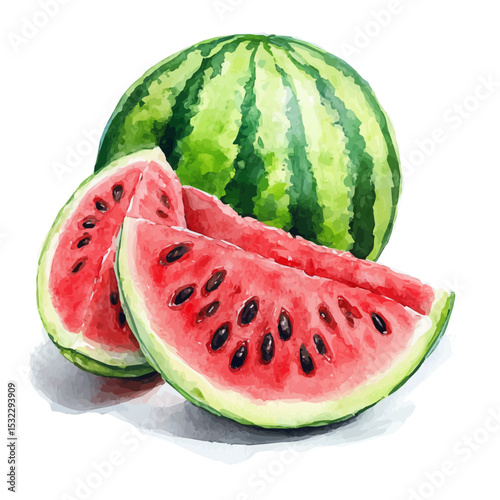 Sweet Juicy Ripe Watermelon, watercolor illustration vector, isolated on a white background.