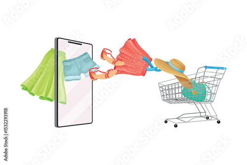 Tablet screen with online shop app and clothing items in shopping cart vector illustration