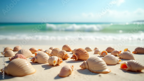 Shells and starfish on a sandy beach, soft wave in the background