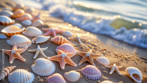 Shells and starfish on a sandy beach, soft wave in the background