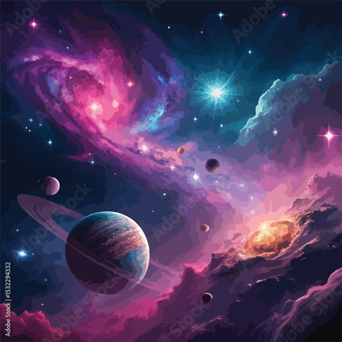 Vibrant Cosmic Nebula with Planets and Stars     

