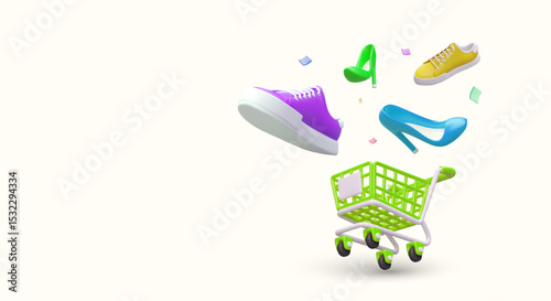 Funny advertisement of shoe store Shopping cart flying colored footwear price tags