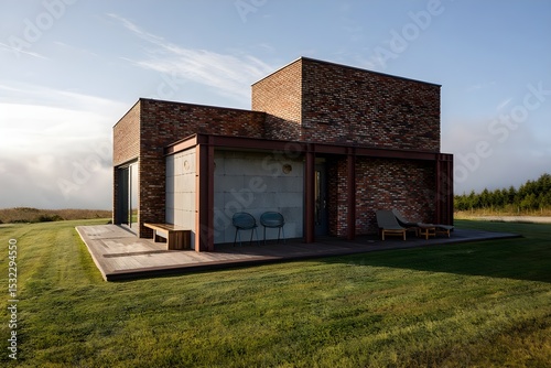 Modern Industrial House, Minimalist Small Exterior, Swedish Style, Diverse Natural Settings, Vibrant Accents, Photorealistic Textures, Dynamic Lighting, Randomized Weather, Elegant Design (AI-Generate