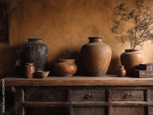rustic Wabi-Sabi corner with ochre and burnt umber accents, cracked ceramic pots, reclaimed wood furniture