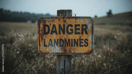 Landmines Danger Safety Sign in a Rural Area - landmines still buried across various regions, posing significant risks