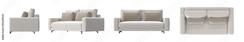 Fototapeta premium beige fabric loveseat with bolster pillows multiple view isolated.