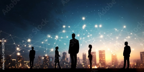 Silhouette Business Team at Night Skyline with Network Connections
