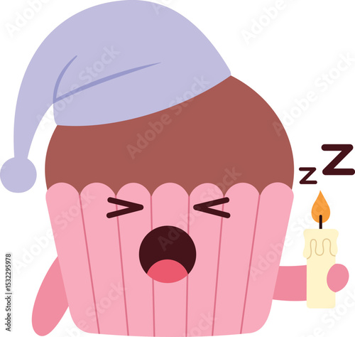 Kawaii Sleepy Cupcake Characters with Nightcaps and Candles – Cute Vector Set