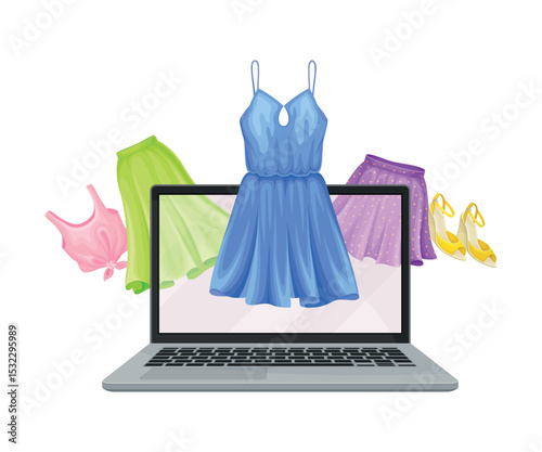 Online shop web site on laptop screen with clothing items in cart vector illustration