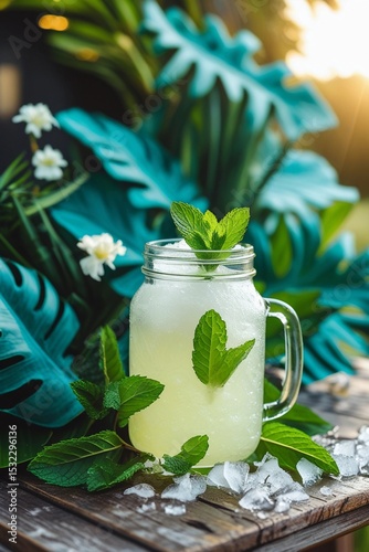 Lemonade in a jar with ice and mint on a table with tropical leaves