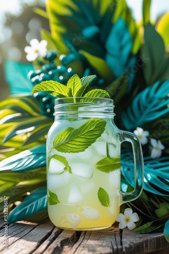 Lemonade in a jar with ice and mint on a table with tropical leaves