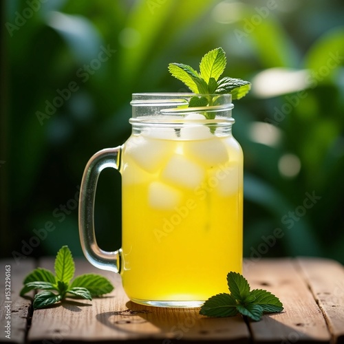 Lemonade in a jar with ice and mint on a table with tropical leaves