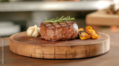 Grilled medium-rare steak on rustic plate, garnished with rosemary, roasted garlic, served with grilled vegetables