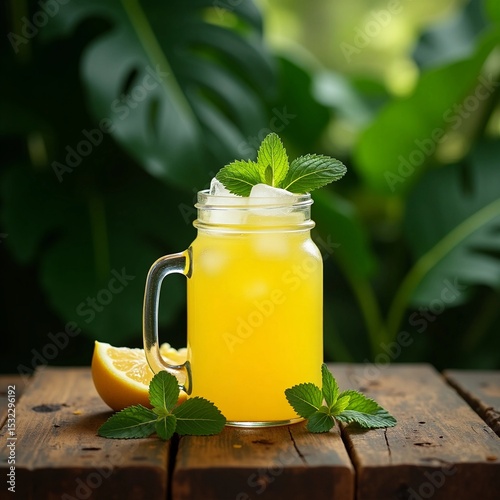 Lemonade in a jar with ice and mint on a table with tropical leaves