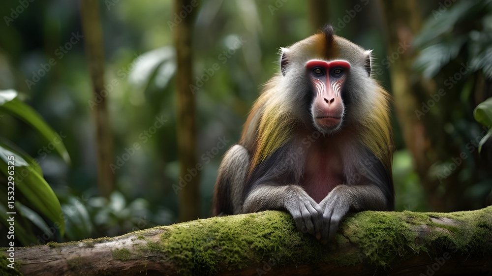 Fototapeta premium Vibrant Mandrill Resting in Rainforest