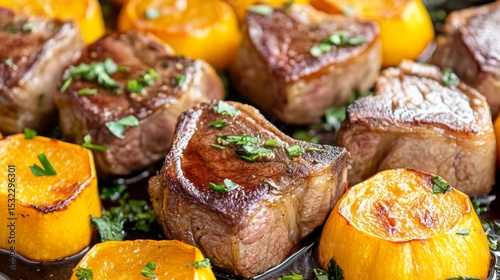 Succulent lamb chops with red wine reduction, accompanied by caramelized squash slices and fresh herbs, inviting and flavorful presentation