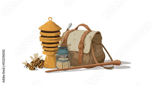 A digital illustration depicting a stylized scene of beekeeping tools and equipment set against a clean white background. The illustration features a yellow, segmented honeycomb structure