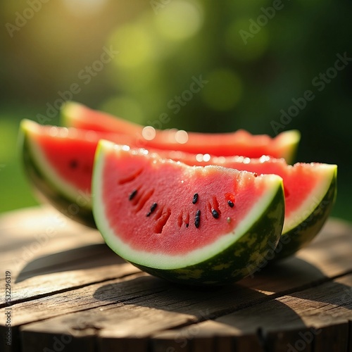 Close-up of sliced watermelon on a wooden table outdoors, sunlight