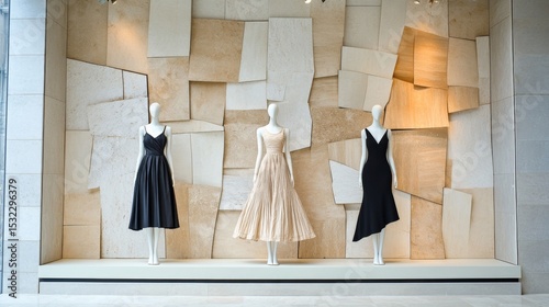 Elegant fashion boutique window showcasing mannequins in unique evening gowns, complemented by a sumptuous textured background