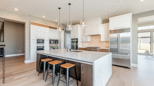 Sleek minimalist kitchen featuring integrated appliances, spacious island with storage and seating, smooth cabinetry, high-end finishes