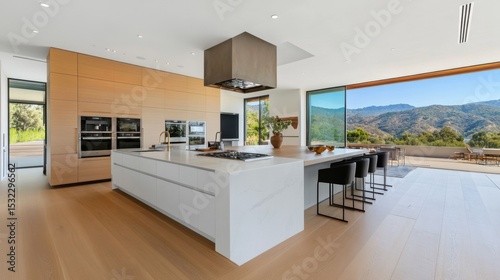 Sleek modern kitchen design, integrated appliances, spacious island with seating, minimalist cabinetry, high-end finishes, elegant ambiance