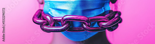 Person wearing blue medical mask with purple metal chain around mouth, symbolizing silence and restriction