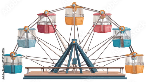A vibrant digital illustration depicting a Ferris wheel against a white background. The illustration employs a vector graphic style with clean lines and bold colors. The Ferris wheel features eight