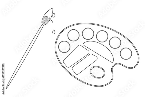 Coloring page with contour vector drawing of paintbrush with dripping paint and artist palette. For entertaining kids, back to school or education black and white design, DIY craft, classroom decor.