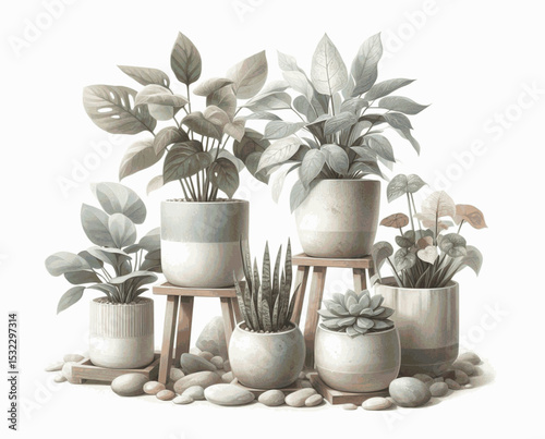 Potted Wash Indoor plants isolated watercolor vector illustration svg