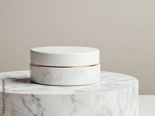3D render of a sunscreen product on a marble surface, elegant branding, and high-end skincare appeal