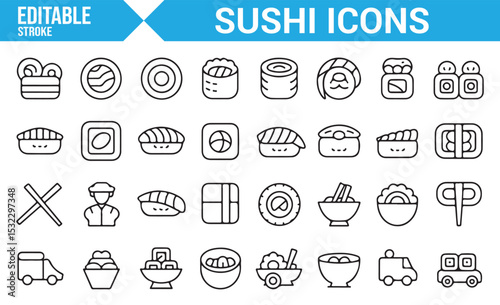 Editable Icon Set for Sushi | Nigiri, Maki, Rolls, and Japanese Food Symbols