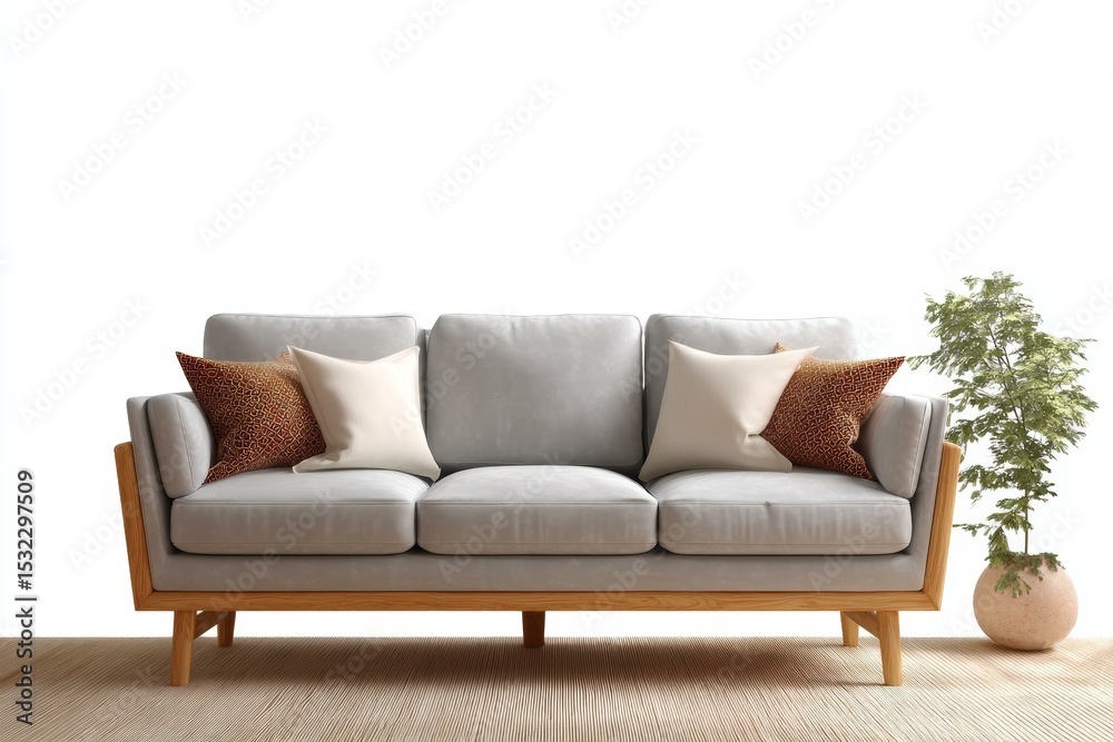 Fototapeta premium Modern Gray Sofa with Wooden Legs