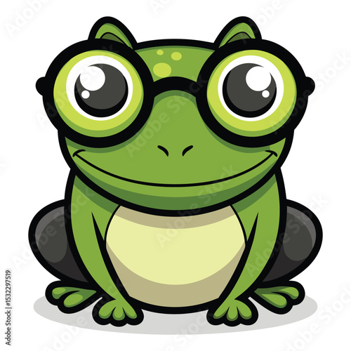 A cheerful green cartoon frog smiles widely while wearing large round black glasses