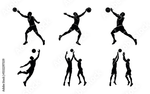 Dynamic Basketball Player Silhouettes Bundle – Slam Dunks, Jumps, and Defense Actions