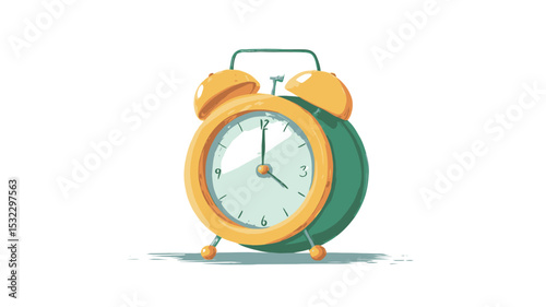 A digital illustration of a retro-style alarm clock. The clock is predominantly yellow and green, with a simplified, cartoonish design. The illustration style is smooth, with soft shading and