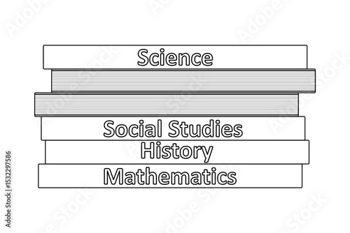 Coloring page contour with stack of textbooks with inscriptions on school for lessons on sciences, social studies, history, and mathematic. For entertaining kids, back to school black and white design