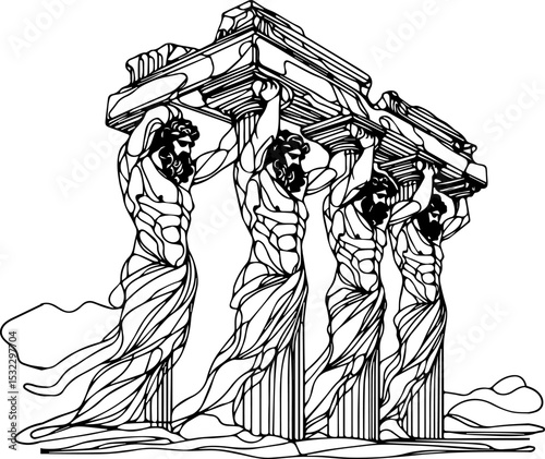 Four athletic men supporting a large stone structure in outline art  