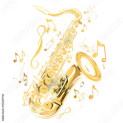 Golden saxophone with floating musical notes illustration isolated on transparent background