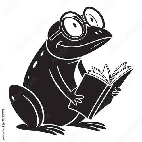 Monochrome cartoon of a smart frog wearing glasses while reading an open book
