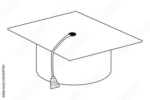 Coloring page with contour drawing of graduation cap with tassel. Academic mortarboard illustration. For entertaining kids, back to school, education or classroom black and white design, and DIY craft