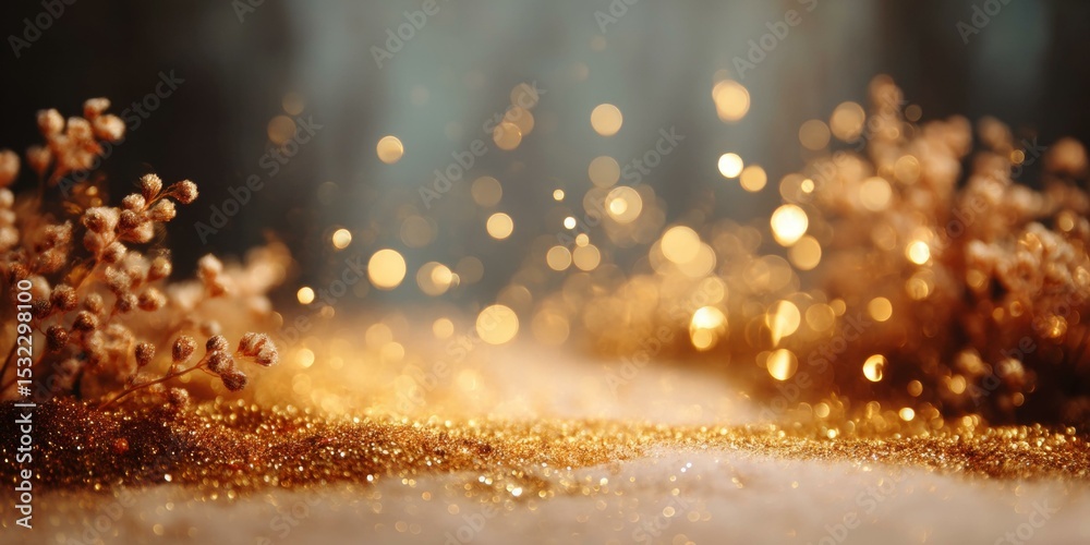 Naklejka premium Golden Glitter Background with Dried Flowers