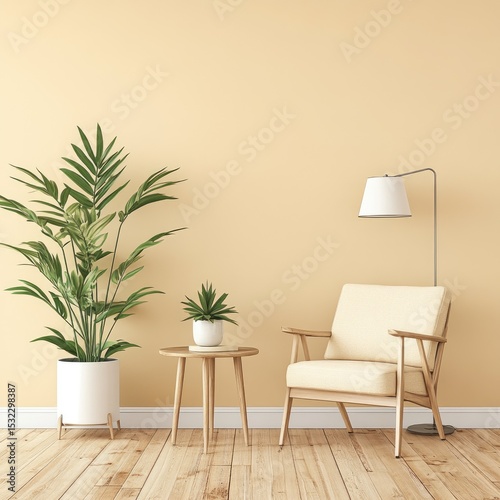 Minimalist living room with pale yellow walls, light wood furniture, a cream armchair, a small round side table, and two potted plants