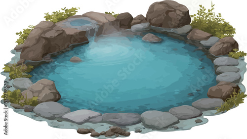 The image is a digital illustration depicting a small, circular mountain spring. The spring's water is a vibrant turquoise blue, appearing calm and clear.  It's nestled within a bed of gray and