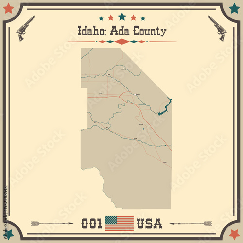 Large and accurate map of Ada County, Idaho, USA with vintage colors.