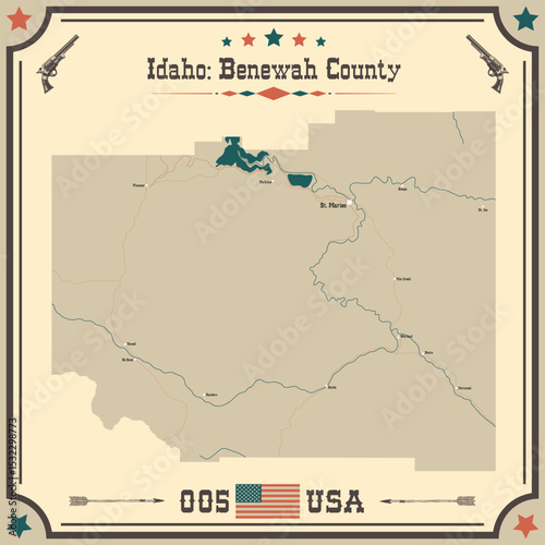 Large and accurate map of Benewah County, Idaho, USA with vintage colors.