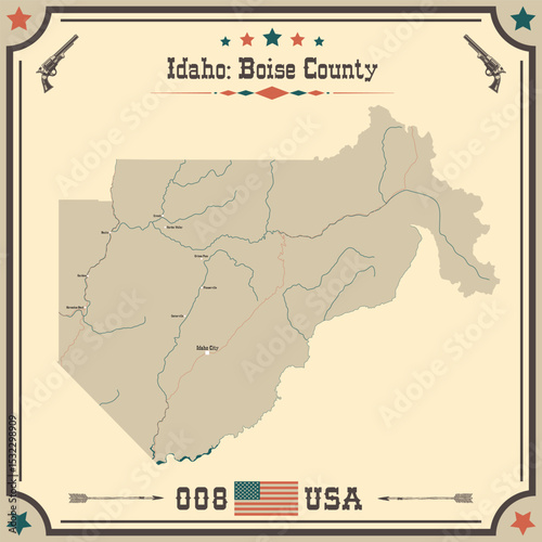 Large and accurate map of Boise County, Idaho, USA with vintage colors.