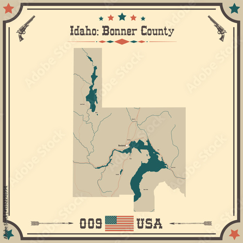 Large and accurate map of Bonner County, Idaho, USA with vintage colors.