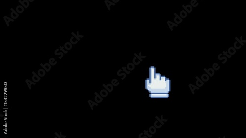 Blue pixel hand cursor clicks three times across the screen. Retro computer interface animation in 8-bit style on black background.
